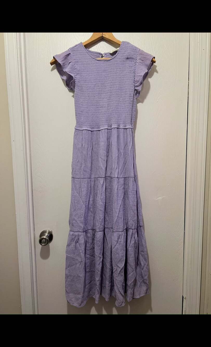 Flutter Sleeved Smocked Tiered Lavender Midi Dress